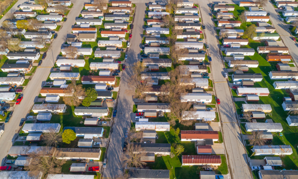 Aerial view of a large mobile home park.