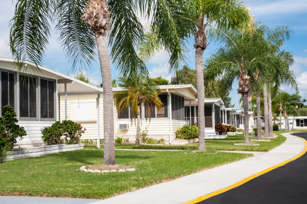 Tranquil Mobile homes with palm trees, quaint scenery.