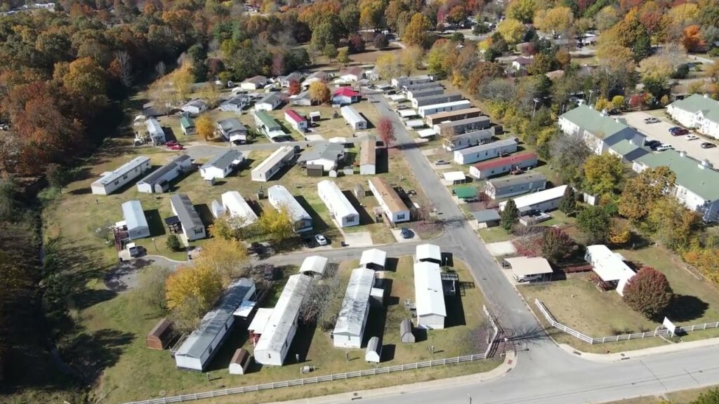 Aerial view of a mobile home park.