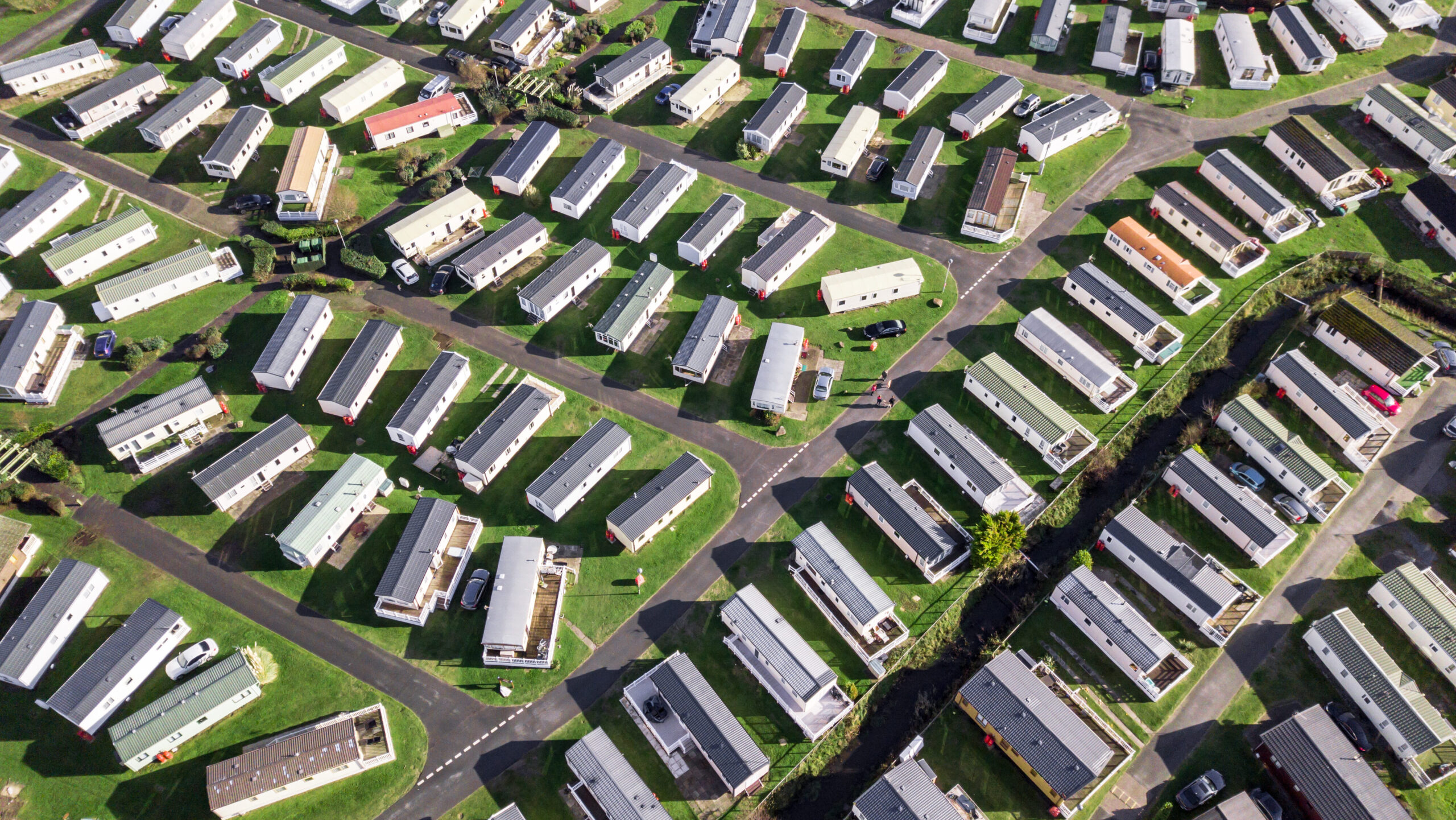 Caravan and camping, static home aerial view. Porthmadog holiday park taken from the air by a drone