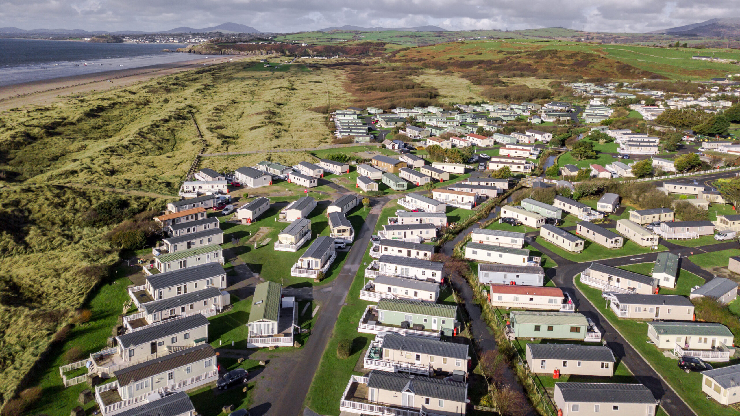 Caravan and camping, static home aerial view. Porthmadog holiday park taken from the air by a drone
