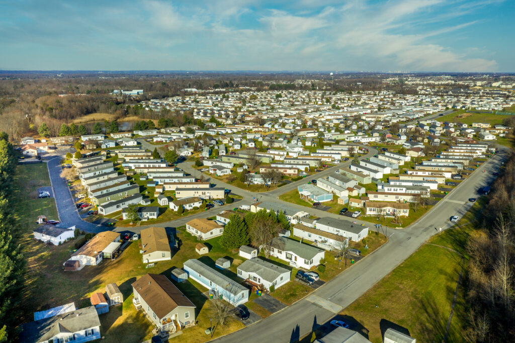 Aerial view of mobile home trailer park community in Delaware USA popular low income housing solution
