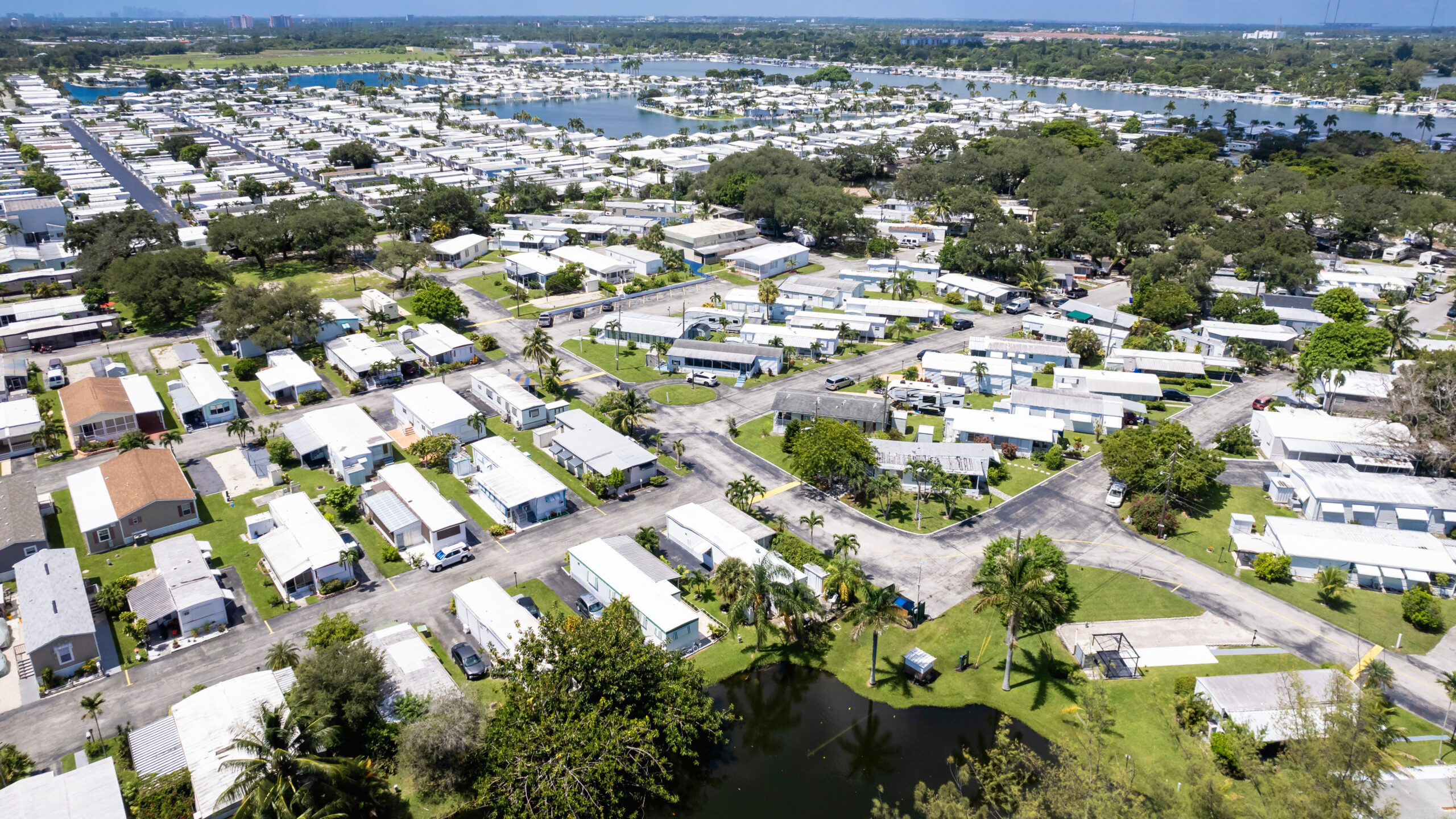 Hallandale Beach, Florida, USA - Aerial of a large Manufactured housing district or mobile home community near I-95.