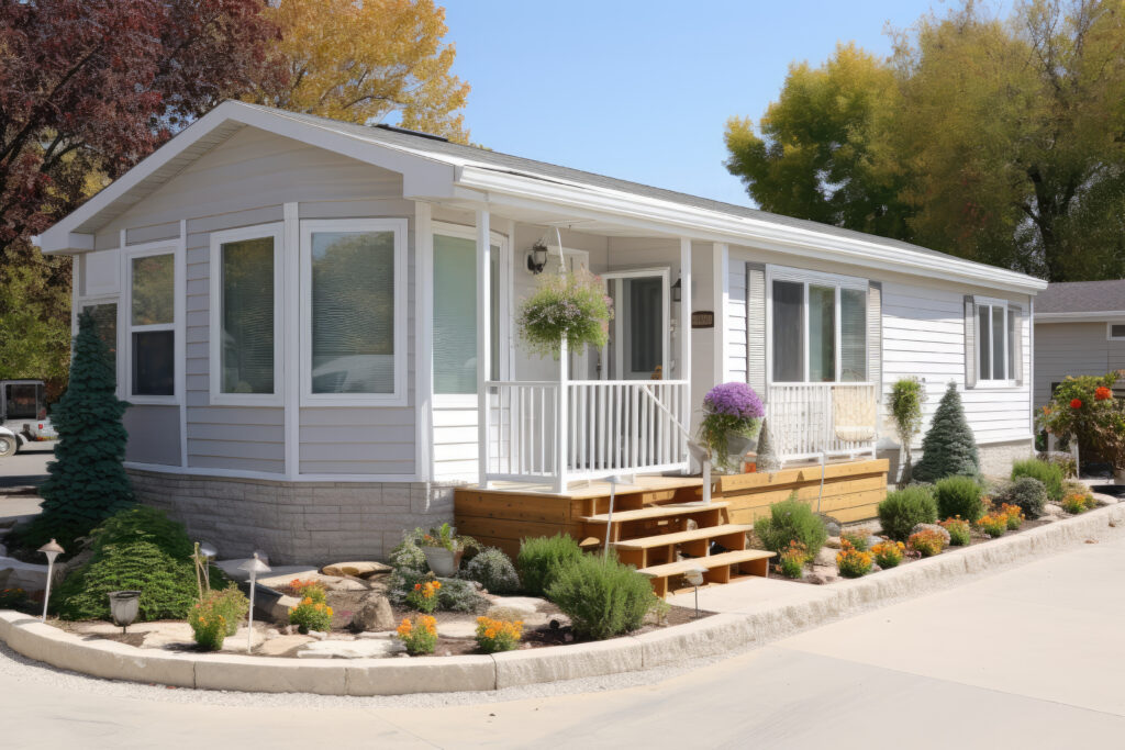 mobile home located within a community designed for retired individuals with grass lawn