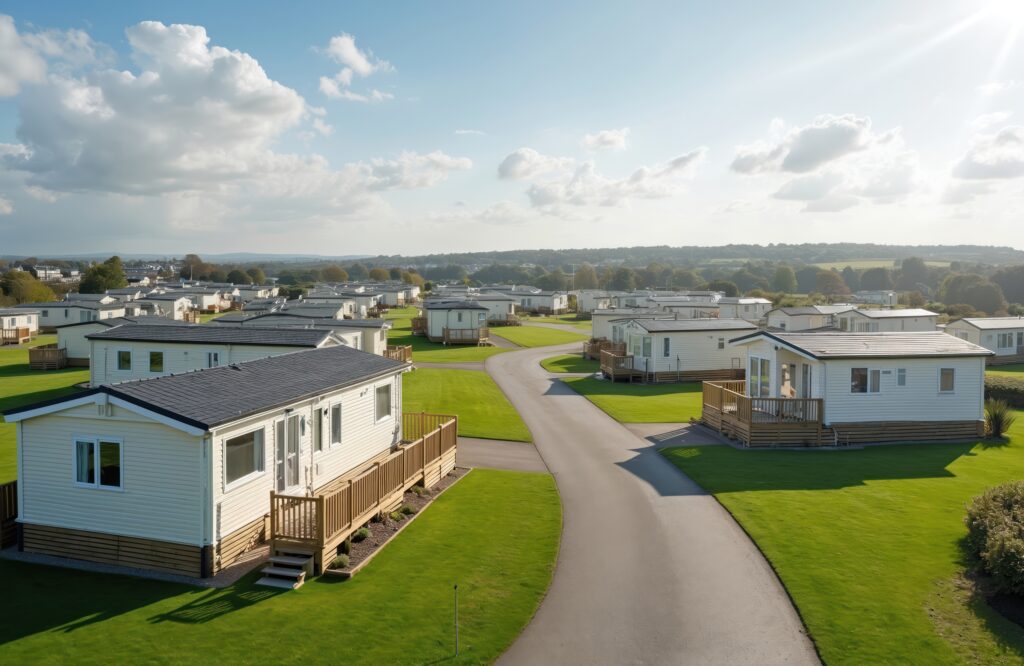 Caravan park with modern white mobile homes on green grass, gray asphalt road. Holiday park in England with blue sky and clouds. Modern architecture of holiday homes in nature.