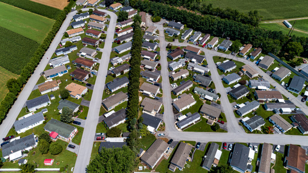 Aerial View of a Mobile, Modulator, Prefab Home Park, in the Middle of Rural America, on a Sunny Spring Day