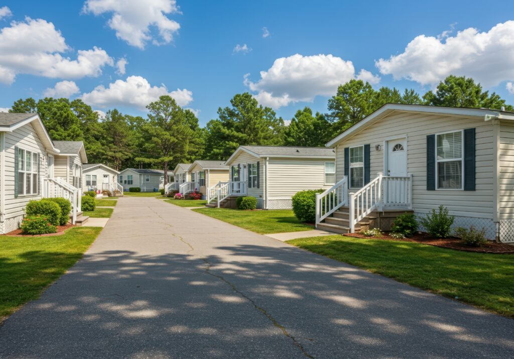 Suburban street lined with manufactured homes under a blue sky