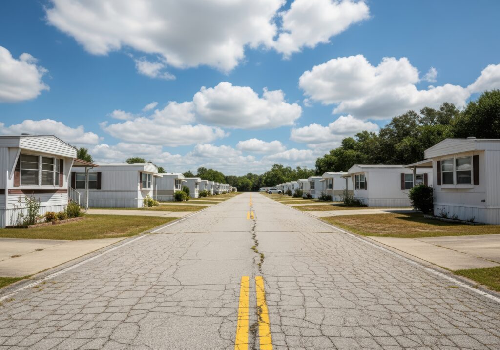 A long, cracked asphalt road with yellow lines runs through a mobile home park on a sunny day with blue skies and fluffy clouds
