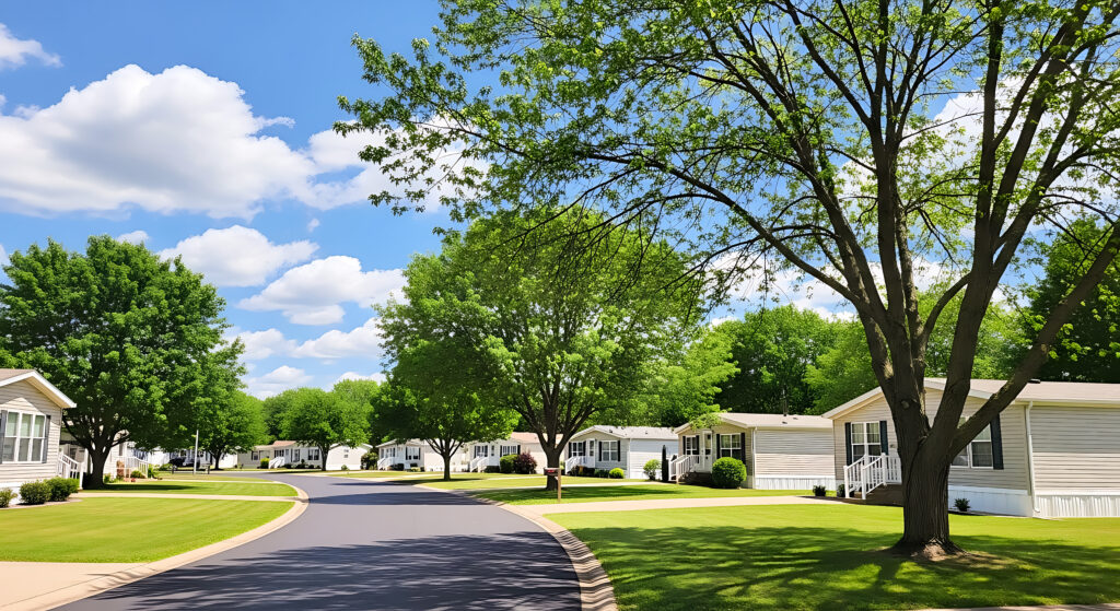 Suburban Street Lined with Mobile Homes and Lush Green Trees Under Blue Sky mobile home park