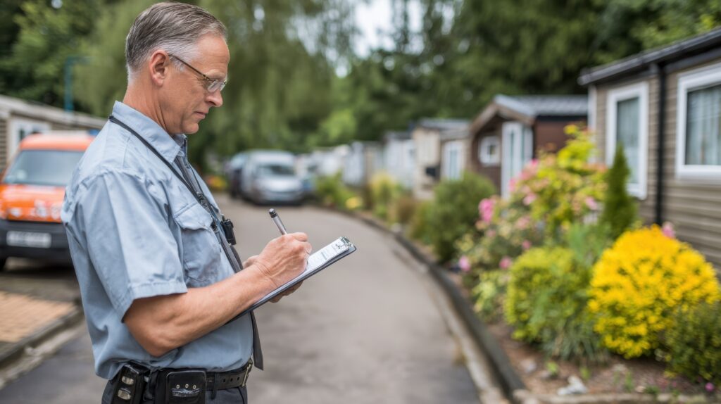 Medium shot of a park manager inspecting mobile home exteriors with focused attention blurred background showing community landscaping and parked cars.