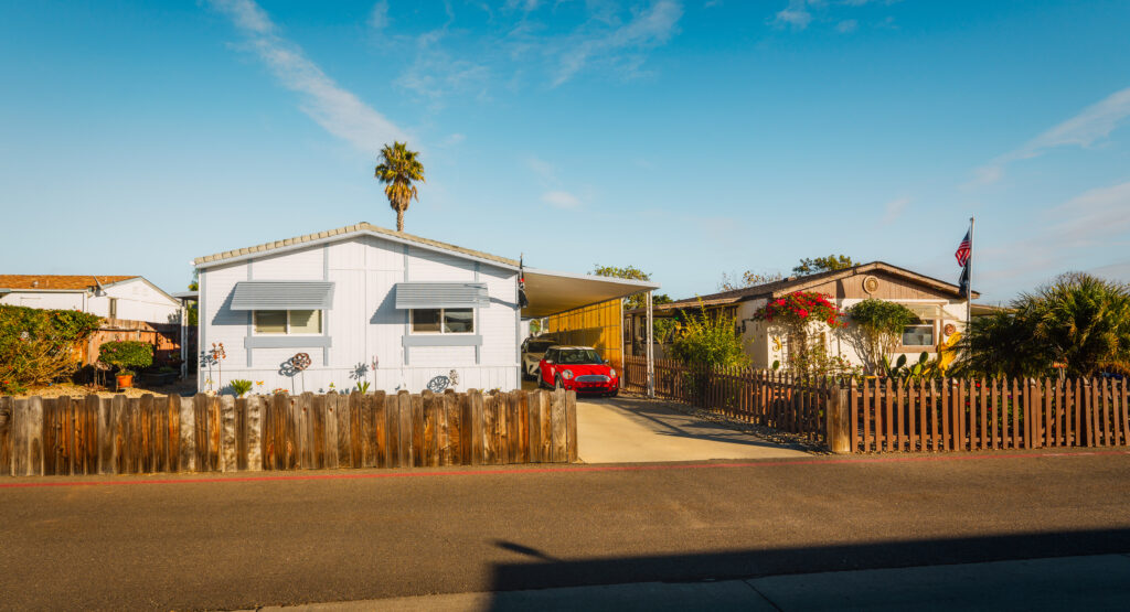 Mobile home park, age-restricted (55+) community in small beach town in California. Architecture, street view