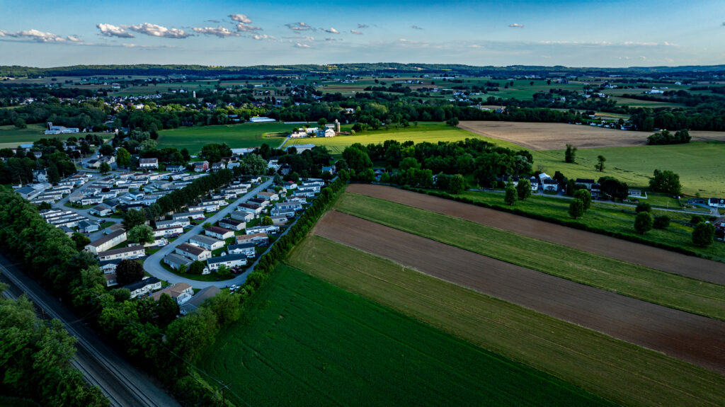 Residential Mobile, Manufactured, Prefab, Home Park with many houses and trees