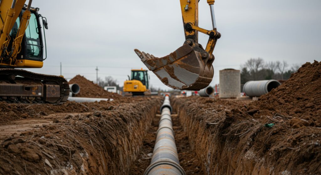 Excavator installing pipeline, photo