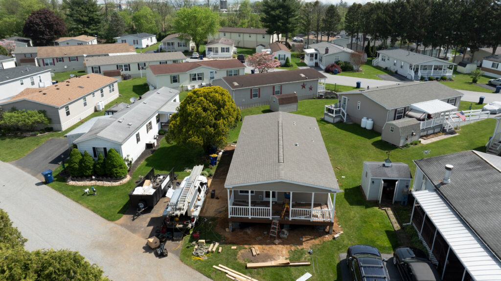 Aerial View of Residential Mobile, Manufactured Homes Showcasing Construction Activity