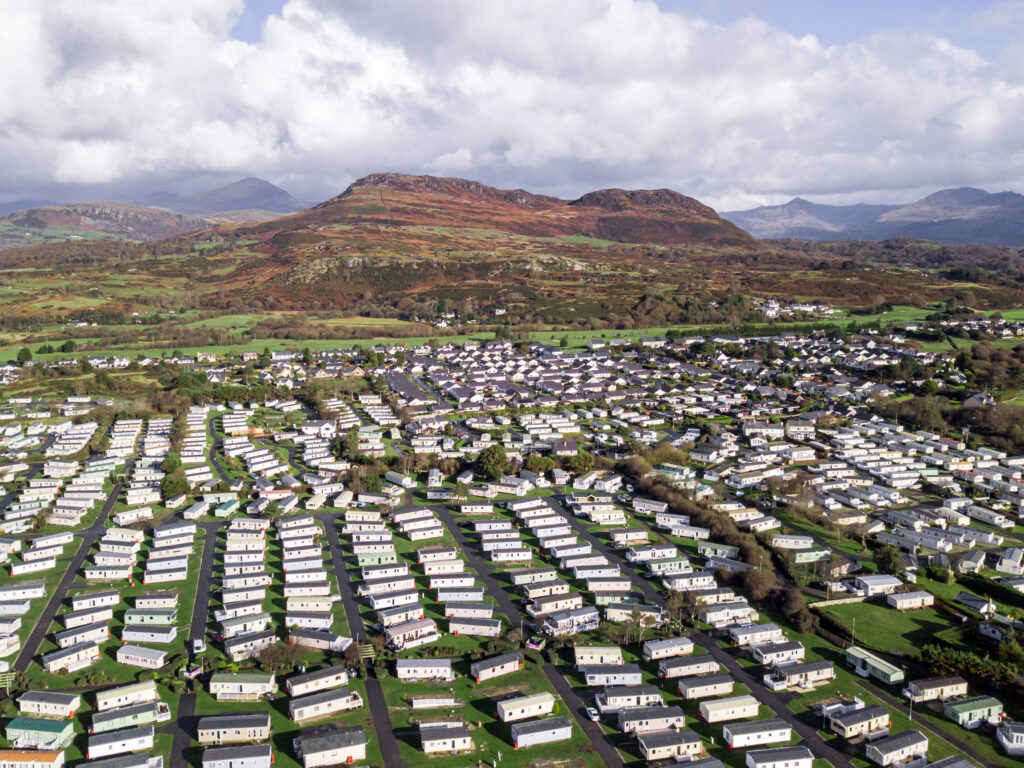 Caravan and camping, static home aerial view. Porthmadog holiday park taken from the air by a drone