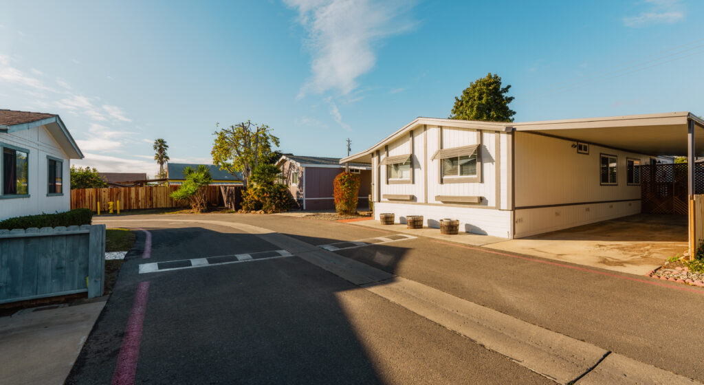 Mobile home park, age-restricted (55+) community in small beach town in California. Architecture, street view