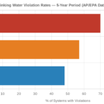Horizontal bar chart comparing safe drinking water violation rates: mobile home parks 70%, larger towns 57%, cities 48%
