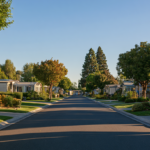 A clean, well-kept mobile home park community street with single-story manufactured homes